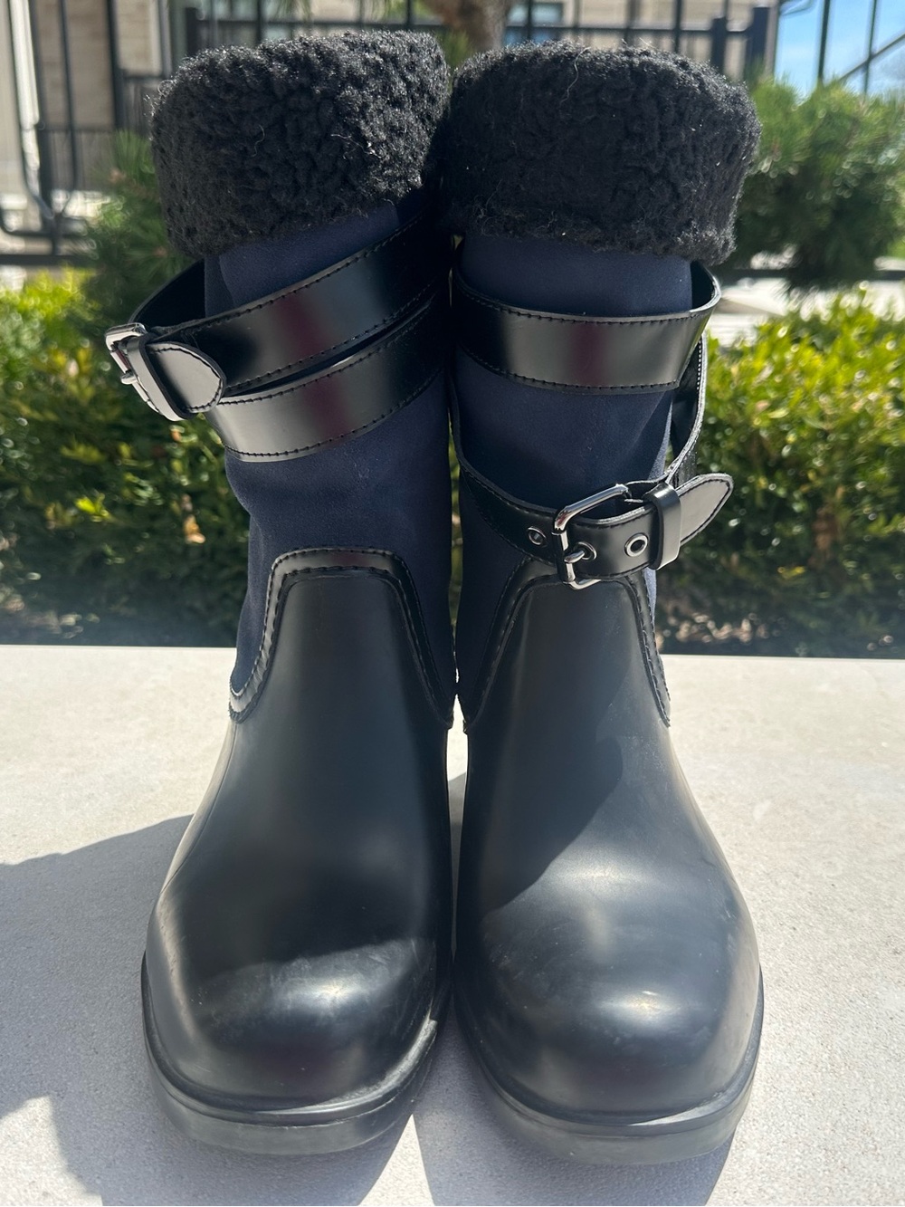 Coach Zena Black Rubber Leather Shearling Blue Suede Winter Rain Boots (Size 38) - Picture 2 of 7